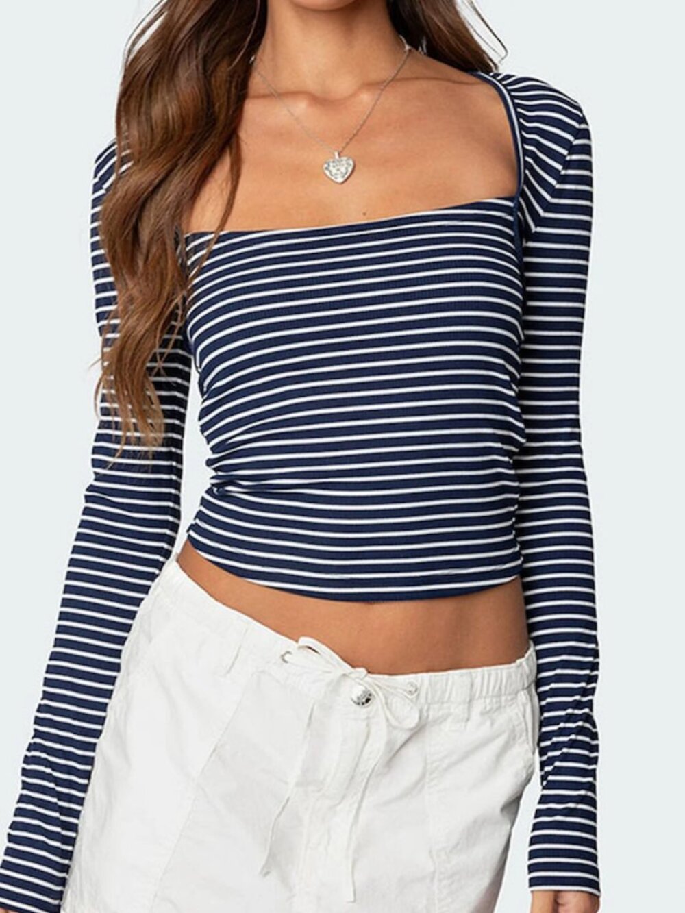 Edikted Alex Striped Square Neck Top XL White Navy Long Sleeve Cropped NWT